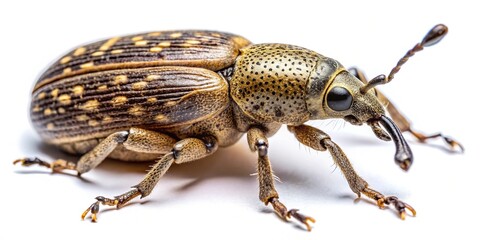 Naklejka premium Small, yellowish-brown gorgojo pest weevil perches delicately on a pristine white background, its intricate body details illuminated by the contrasting brightness.