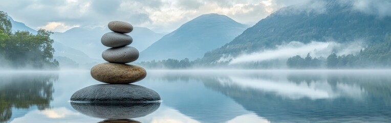 Balanced stones on serene lakeside with misty mountain background