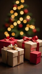 Obraz premium A festive Christmas-themed 3D Illustration showcases stacks of gift boxes and twinkling bokeh lights