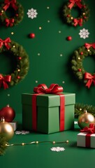A festive 3D-rendered scene showcasing Christmas decorations against a green backdrop with a featured gift box