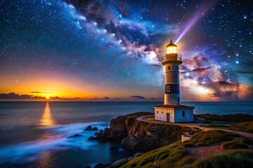 Majestic Lighthouse Illuminating the Night Sky with Stars and a Calm Ocean in the Background