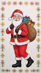 A hand-drawn image featuring a happy Santa with a full bag of presents