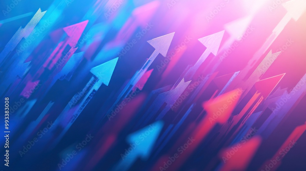 Wall mural abstract background with blurred blue and red arrows pointing up on a dark background.