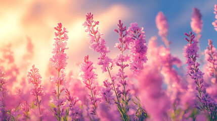 Naklejka premium Blossoming Lilac and Wildflower Field Under Pink Morning Clouds