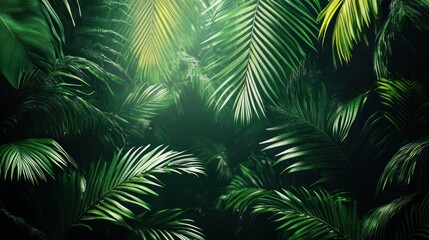 Lush green palm leaves with light filtering through.