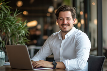 A man in a white shirt is sitting at a table with a laptop, smiling. He's in a cafe-like setting