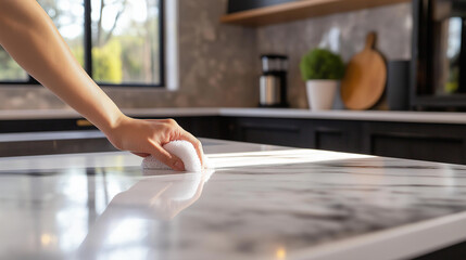 Hand wiping down a marble kitchen counter with sunlight streaming in