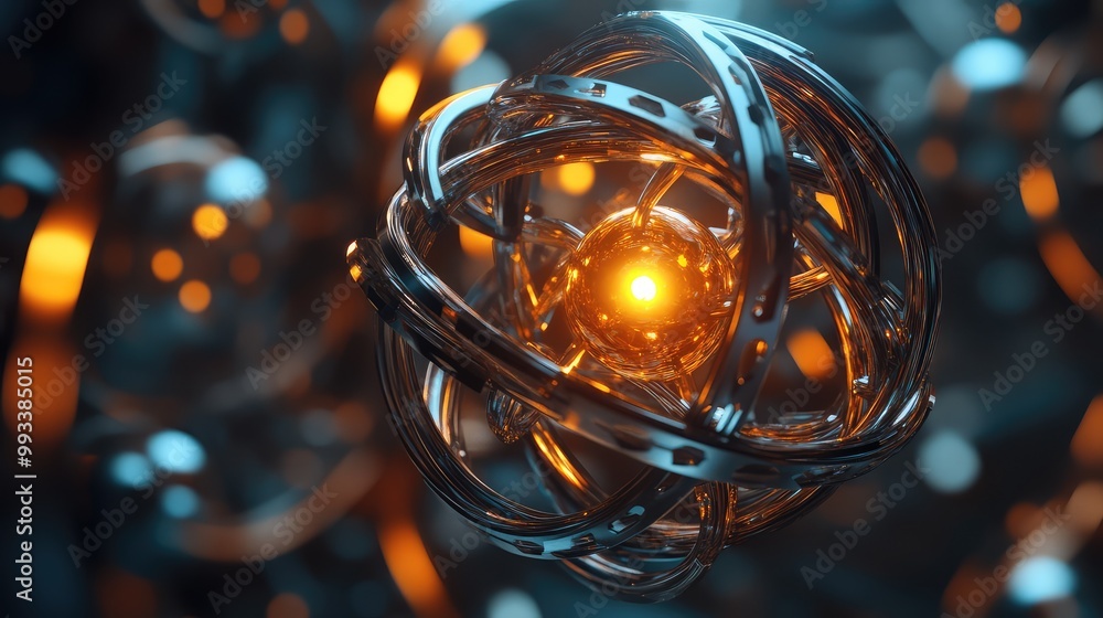 Poster complex 3d sphere with a glowing core and multiple rotating rings, each formed by smaller, interconn
