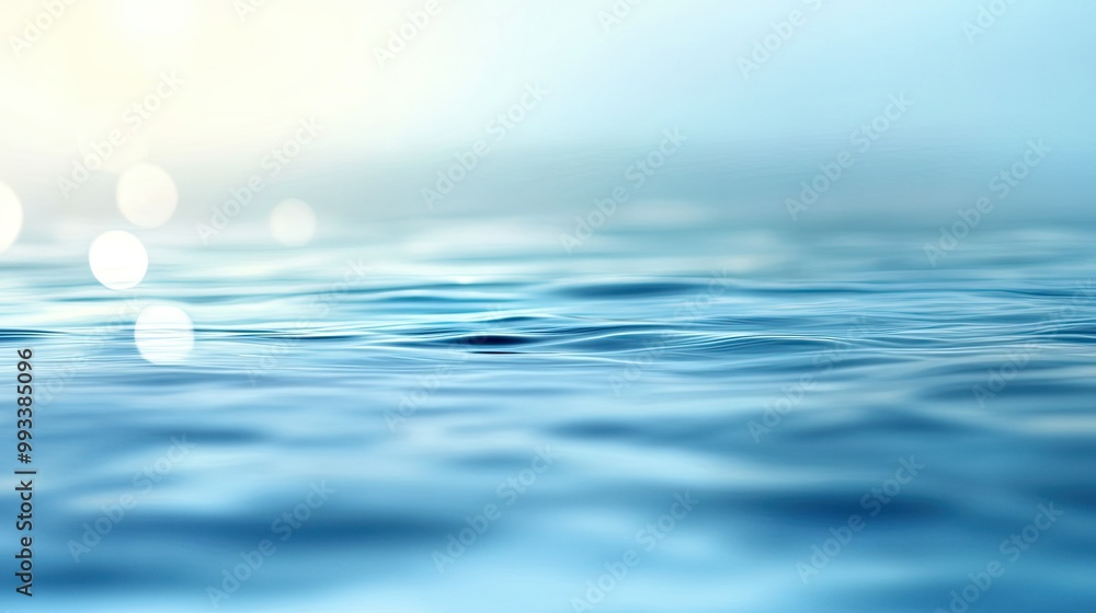 Poster a defocused view of a blue water surface with gentle waves and light reflections, creating a soft, c