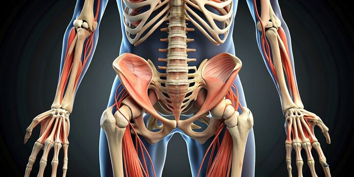The human skeleton's sturdy base is formed by the iliac crest and pubic bones, providing a solid foundation for the delicate interplay of bone and muscle.