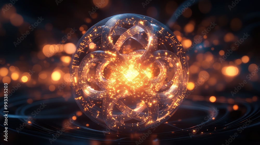 Poster complex 3d sphere with a glowing core and multiple rotating rings, each formed by smaller, interconn