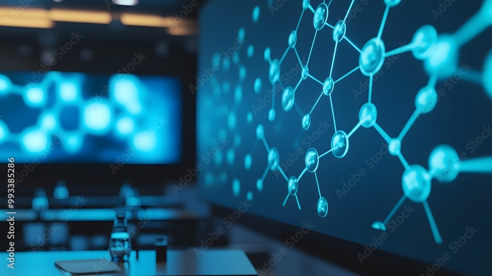 Poster abstract network pattern displayed on a screen in a dark room