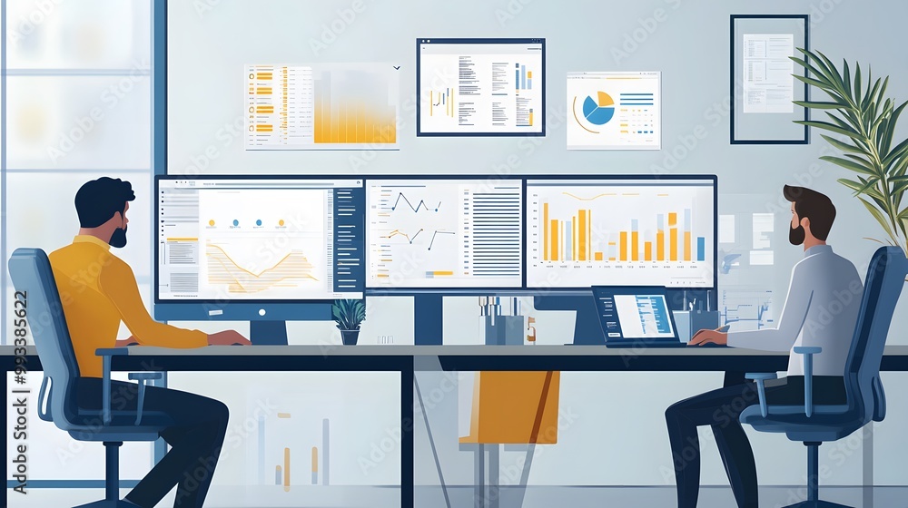 Poster two businessmen analyzing data on computer screens in an office setting