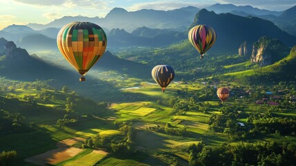 Obraz premium Colorful hot air balloons float above a lush green valley with misty mountains in the background.
