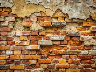 The weathered brick wall's rough exterior wears its age with honor, revealing distressed mortar and faded colors that whisper stories of the past.