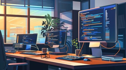 A well-equipped and organized software development company office with computers and satisfied clients