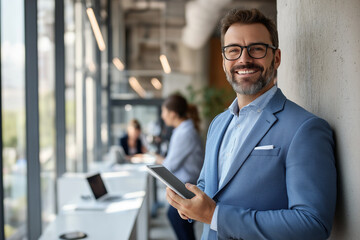 A smiling man in a light blue suit, holding a tablet, is leaning against a wall in an office. Several people are visible in the background