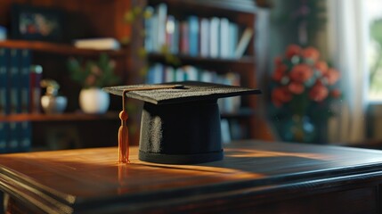 Academic award and graduation cap on a desk.