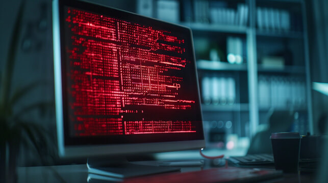 Computer Screen Displaying a Red Ransomware Warning Message, Highlighting Urgent Cybersecurity Threat in a Home Office Environment with a Blurred Background and Shallow Depth of Field