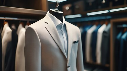 Closeup of a white suit jacket on a mannequin in a retail store.