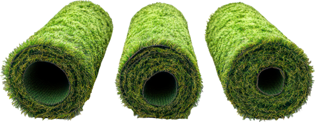 Rolls of green artificial turf on transparent background