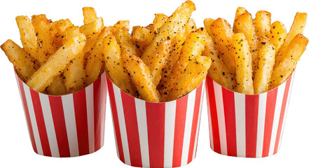 Three servings of seasoned french fries in striped containers on transparent background