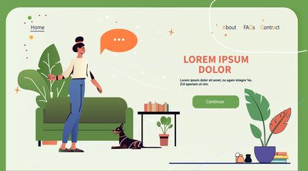 Woman with dog in living room illustration showing healthy lifestyle modern home interior green furniture plants books website design