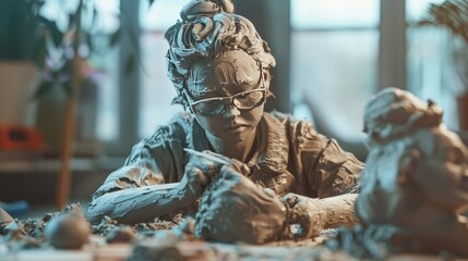 Art class with clay sculptures.