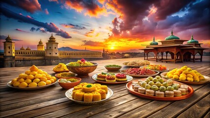 Vibrant colors adorn traditional Indian sweets and creamy confections on ornate wooden patios, basking in the warm glow of evening skies.