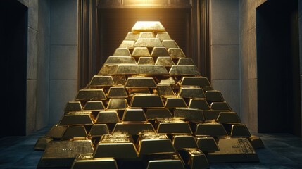 A mountain of gold bars stacked in a bank vault with a spotlight highlighting the shimmering surfaces. Vault doors in the background.