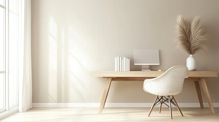 Minimalist home office with natural light, modern furniture, and decorative plant.