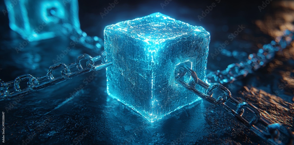 Poster illustration of a glowing cube with a chain on a dark background. blockchain technology concept.