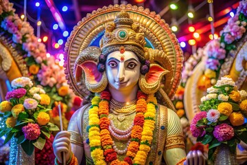 Fototapeta premium Majestic Ram Hindu God Statue Surrounded by Beautiful Floral Decorations and Colorful Lighting Effects