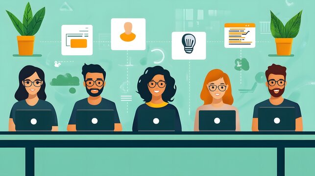 Online meeting interface showing multiple colleagues collaborating, vector illustration