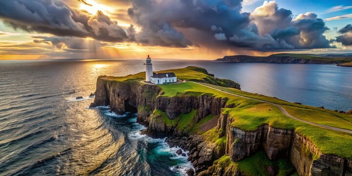 Majestic Rathlin East Lighthouse Standing Tall Against a Dramatic Sky and Rugged Coastal Landscape