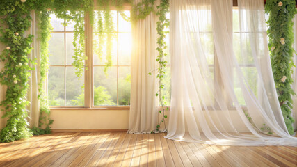 Floral garden backdrop with white draped curtains, ivy, flowers, soft sunlight.  Mockup serene scene background with copy space.