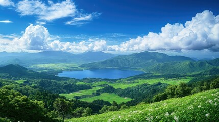 A panoramic view of Kurumayama Plateau with lush green fields, Lake Shirakaba glimmering in the distance, and soft clouds drifting across a blue sky.