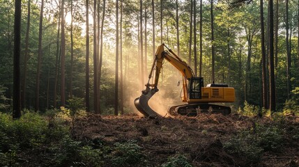 A yellow excavator working in a forest clearing with sunlight shining through the trees.