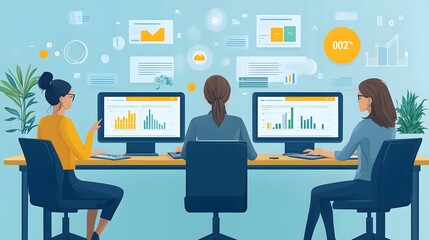 Business professionals in an online meeting, collaborating remotely through video call, vector