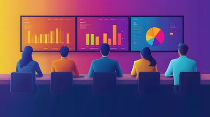 Obraz premium Online business presentation showing team collaboration via video conference, vector art