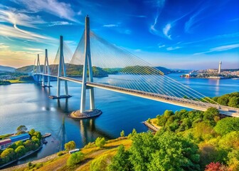 Majestic Russky Bridge Spanning the Waters in Vladivostok, Russia Under a Clear Blue Sky