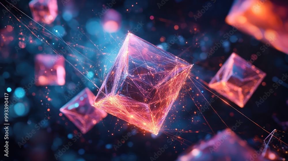 Poster digital artwork featuring floating 3d cubes and pyramids connected by glowing threads, forming a sur