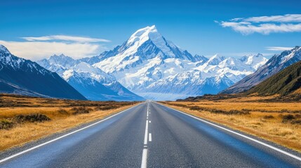 Naklejka premium A scenic highway stretching toward distant snow-capped mountains under a clear blue sky, with the road disappearing into the horizon.