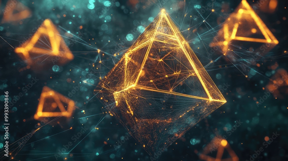 Poster digital artwork featuring floating 3d cubes and pyramids connected by glowing threads, forming a sur