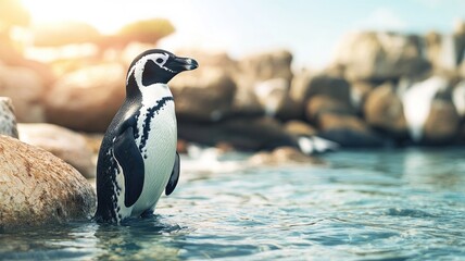 Fototapeta premium Penguin standing on rocks by water with sunlight highlighting its features in natural habitat