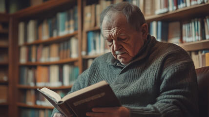 An elderly man reads a book on Disabilities Day in a cozy library filled with shelves of literature