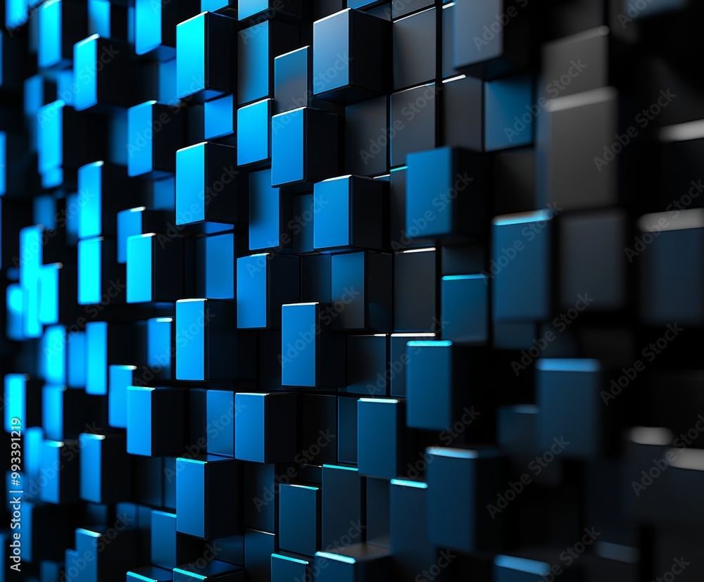 Poster in a computer network, blockchain is a shared ledger or database. blue boxes 3d rendering.