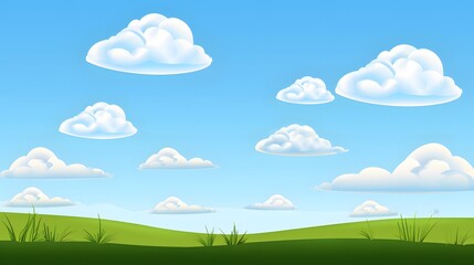 Soft Cartoon Clouds Floating in a Clear Blue Sky with Green Grass and Gentle Hills Below