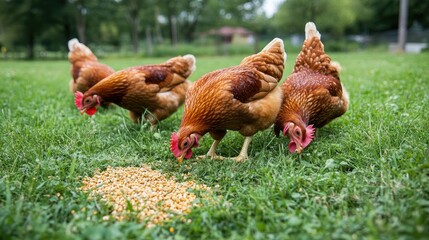 Three brown chickens pecking at corn on a grassy lawn.