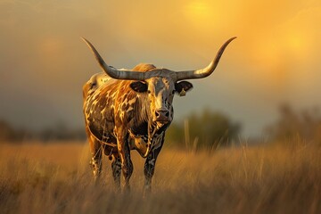 Majestic longhorn cattle with curved horns and distinctive coat patterns stand proudly against a warm golden sunset, embodying power and rustic heritage.